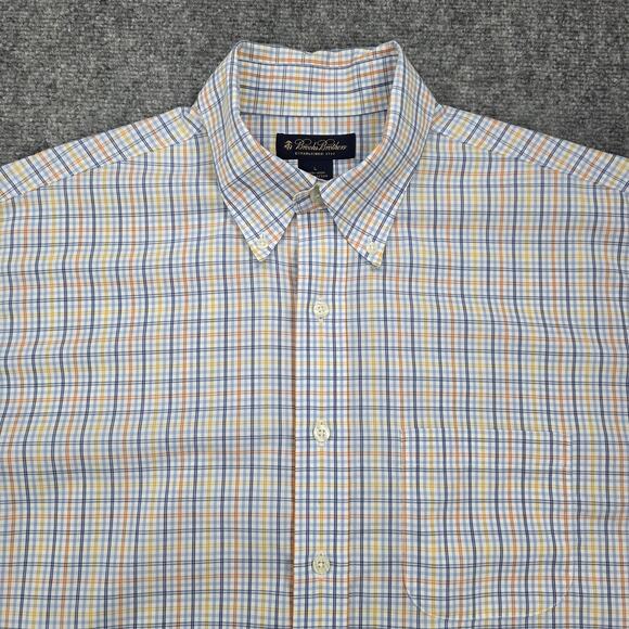 Brooks Brothers Shirt Mens Large Blue Plaid Short Sleeve Button Down Non Iron - Picture 1 of 16